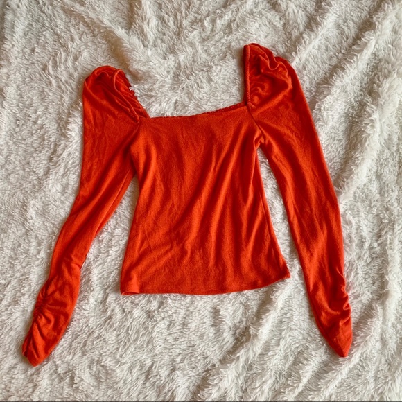 ❌SOLD❌Something Navy Orange Puff Shoulder Top Sz S - Picture 3 of 8